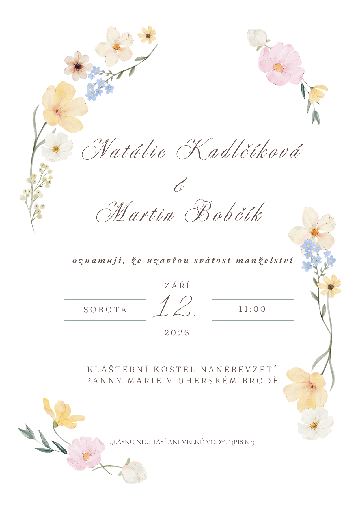 Svatební oznámení — Natálie Kadlčíková a Martin Bobčík, 12. září 2026